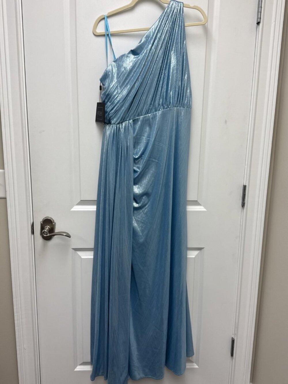 Mac Duggal Size 14 Blue 26537 Metallic One-Shoulder Maxi Gown Dress Prom NWT - Picture 8 of 10
